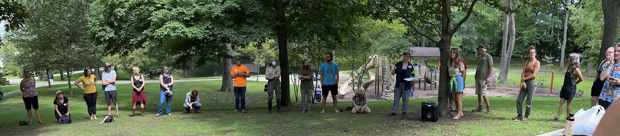 A group of foragers is gathered at a park.