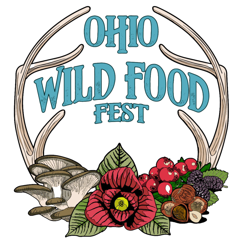 This is the logo for the Ohio Wild Food Fest featuring antlers, mushrooms, berries, nuts and flowers.